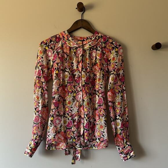 J CREW SILK SHEER FLORAL BLOUSE WITH GOLD METALLIC DETAIL SIZE 2 - Picture 1 of 10